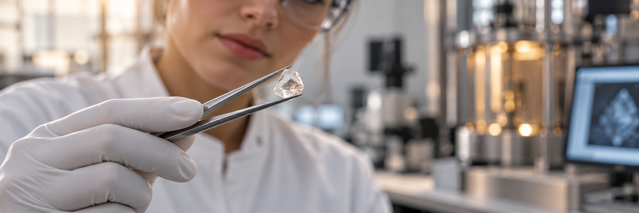 Illustration of a laboratory technician holding a rough lab-grown diamond in tweezers